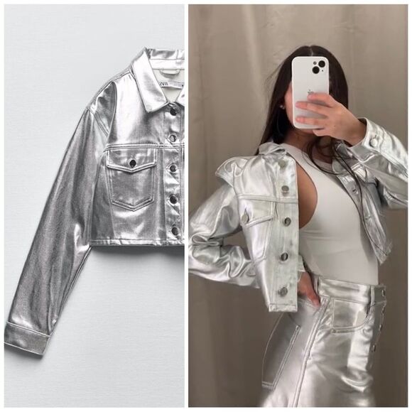 Zara SILVER CROPPED JACKET METALLIC - Picture 1 of 6